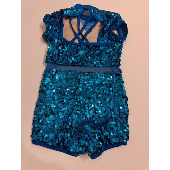 Weissman Crowd Go Crazy Blue Sequin Cap Sleeve Biketard Size MC Medium Child - Picture 5 of 8